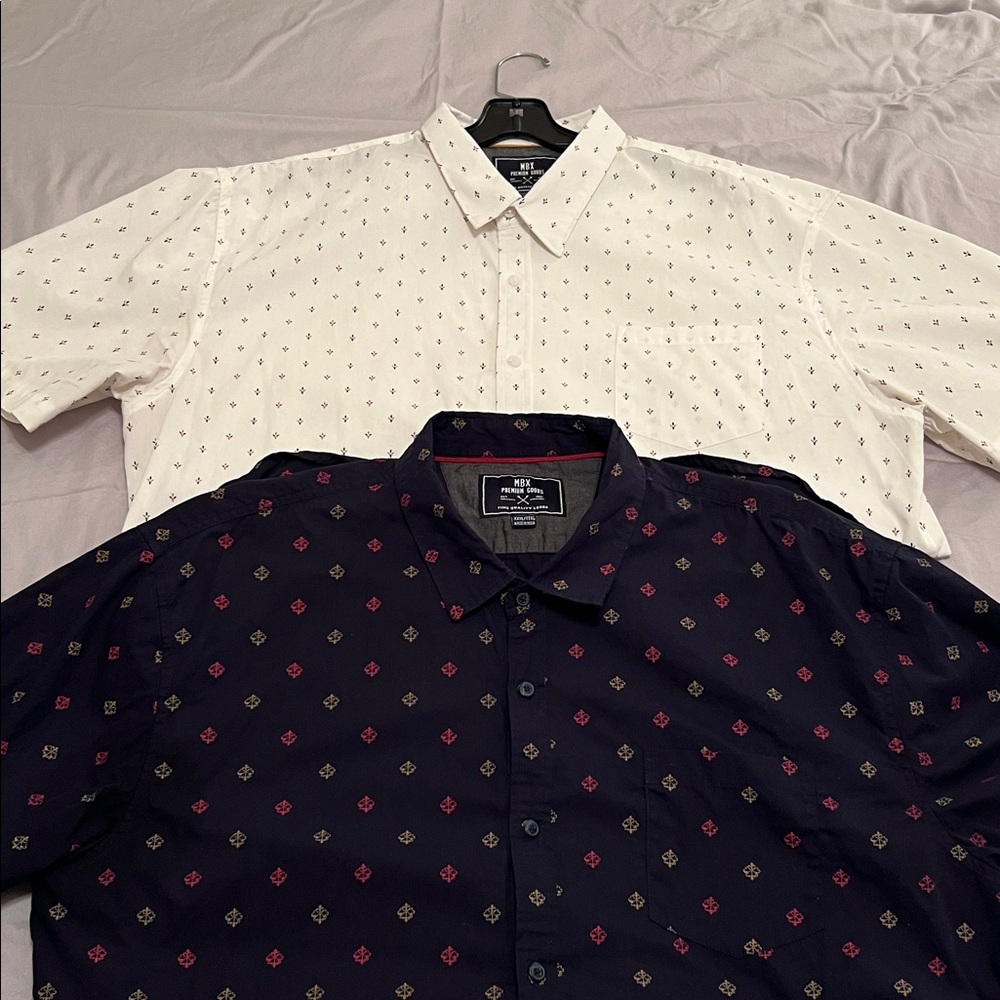 Qty:2 MBX Short-Sleeve Casual Button-Down Shirts Colors: White & Navy Prints